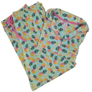 Pillow Talk Tropical Pineapple Print PJ Set Short Sleeve Top Pants Aqua XL NWT